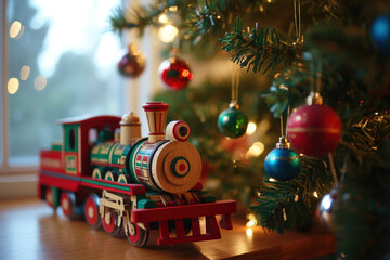 Classic red and green toy train sitting on a table with a christmas tree in the background