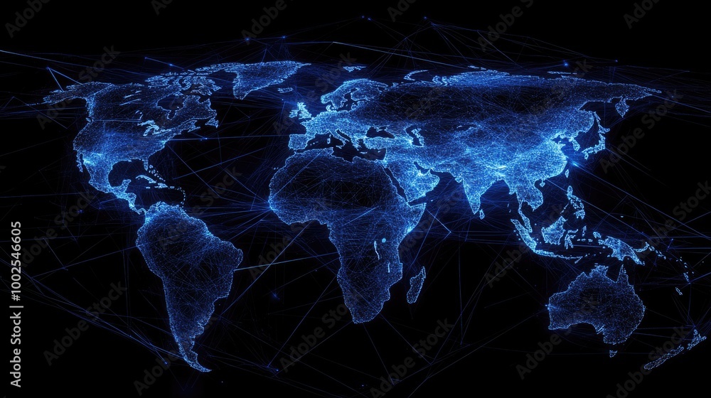 Poster a global map with connected lines representing international telecommunication networks and digital 