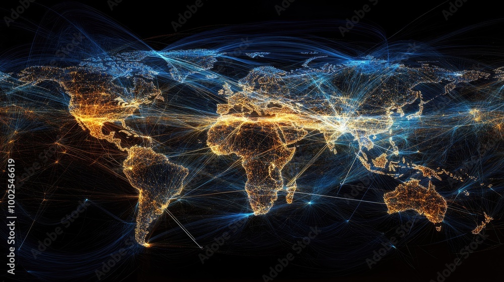 Poster a global map with connected lines representing international telecommunication networks and digital 