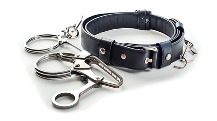 A police duty belt with handcuffs and a baton, isolated on a white surface.
