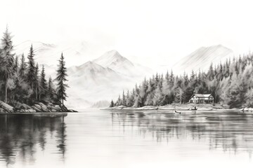 Alpine resort hand drawing. Mountains in the background and a river surrounding the property
