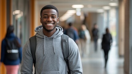 Naklejka premium Cheerful young man with a bright smile, casually dressed in a gray hoodie, walking through a lively university hallway.
