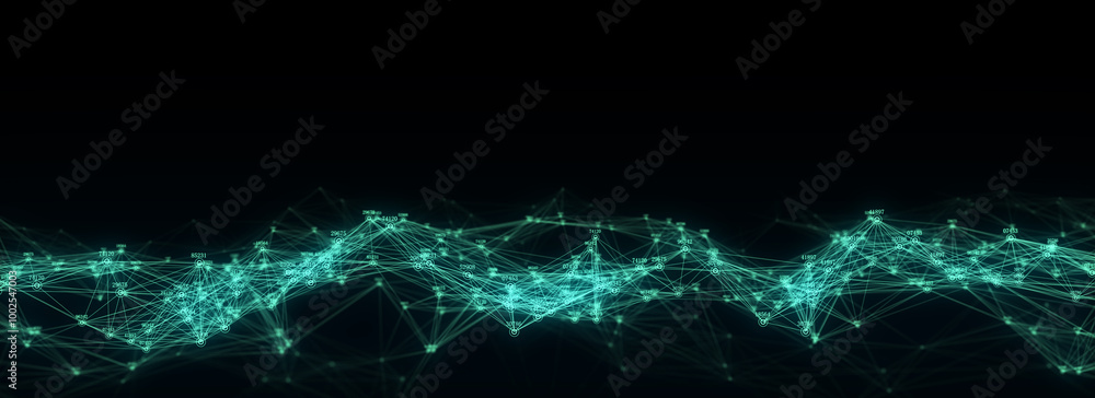 Poster abstract technology wave of particles and lines. big data visualization. background with motion dots