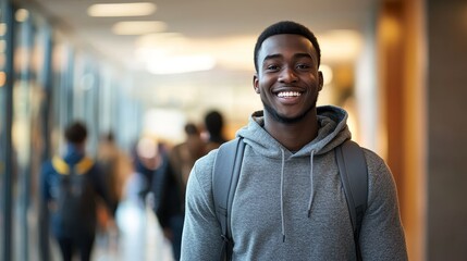 Naklejka premium Cheerful young man with a bright smile, casually dressed in a gray hoodie, walking through a lively university hallway.