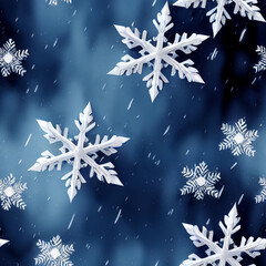 Winter blue background with falling snow. Christmas and New Year festive design with seamless pattern.