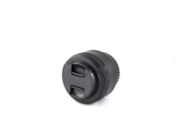 close-up of a photographic lens on a white background