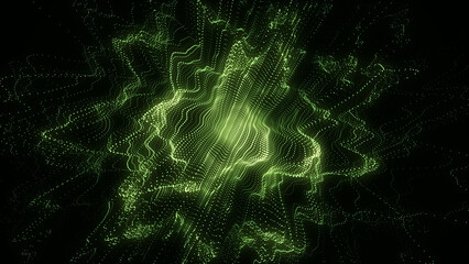 Futuristic digital wave with top view. Dark cyberspace. Particle explosion. Abstract wave with dots. Colors moving particles on background. 3d rendering.