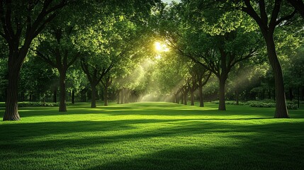 Obraz premium Sunlight streaming through trees in a lush green park, creating a serene and peaceful atmosphere.