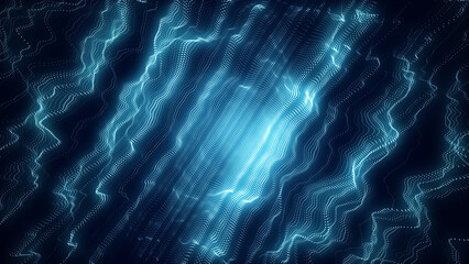 Futuristic digital wave with top view. Dark cyberspace. Particle explosion. Abstract wave with dots. Colors moving particles on background. 3d rendering.