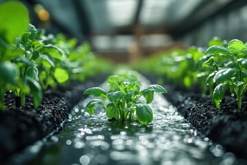 Lush Green Plants Thriving in a Modern Hydroponic Greenhouse