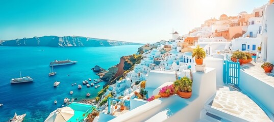 Santorini, Greece. Iconic White Architecture and Azure Aegean Sea. Summer Travel Destination