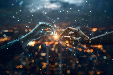Human And Robot Hands Connect Over Futuristic Cityscape, Symbolizing Technology Collaboration