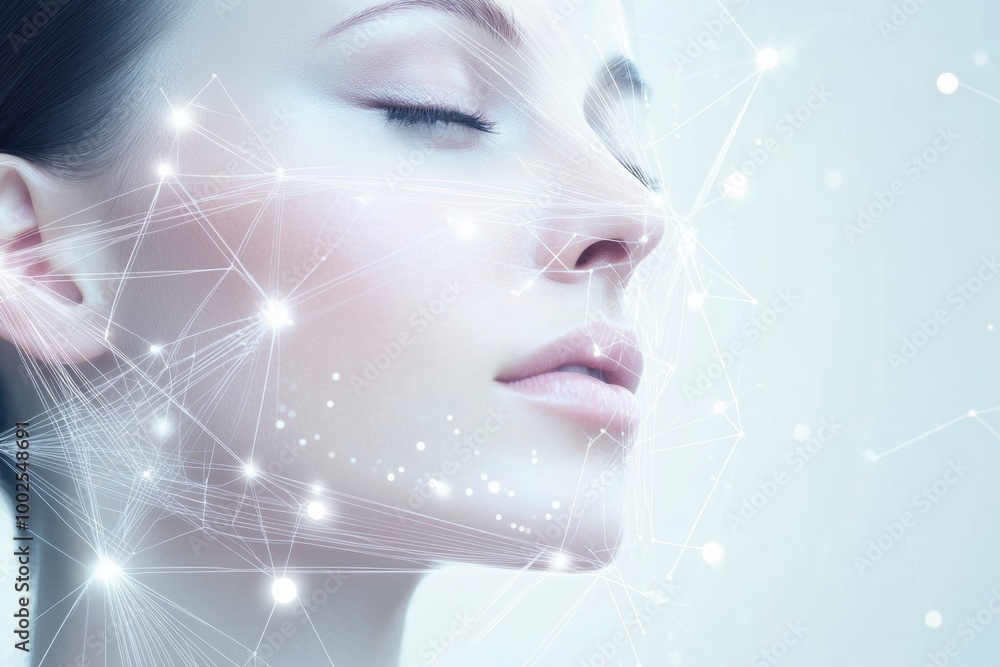Aufkleber Abstract lines and dots illustrating skincare procedures in a clinical setting focused on facial rejuvenation techniques. Generative AI