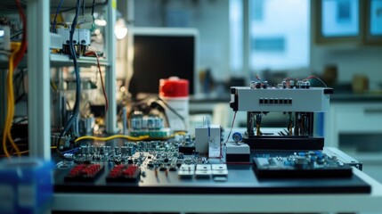 A laboratory setup with electrical components, testing equipment, and circuit analysis.