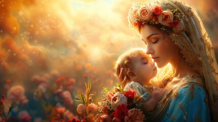 Fototapeta premium A tender moment of motherhood captured in a serene landscape filled with vibrant flowers at sunset. Generative AI