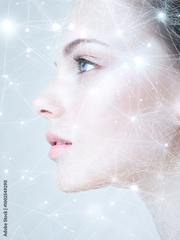 Poster Abstract lines and dots creating a futuristic skincare procedure diagram against a soft background highlighting beauty techniques. Generative AI