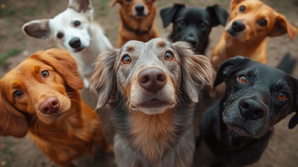 a group of excited dogs looking up with adorable expressions, showcasing their playful nature, friendly companionship, and the joy of pet ownership in an outdoor scene