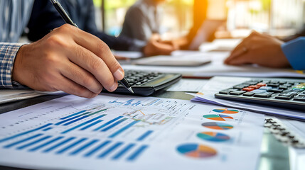 Description: A team of accountants in a meeting room reviewing financial documents and spreadsheets, discussing budget allocation and forecasting. The image highlights collaboration and precision 