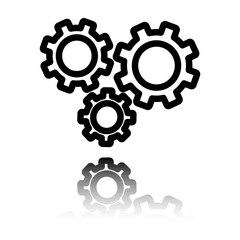 Gears simple icon vector. Flat design. Black icon with mirror reflection. White background