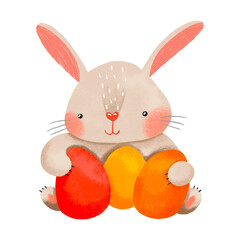 Cute cartoon rabbit with colorful painted eggs. Easter bunny hand drawn illustration