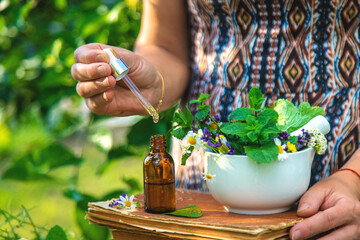 Medicinal herbs homeopathy and alternative medicine. Selective focus.