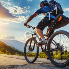 Naklejka premium Mountain Biking Adventure Cyclist Enjoys a Scenic Ride Through Summer Mountain Landscapes