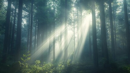 Obraz premium A magical forest with sunlight filtering through a dense canopy of tall trees, creating dramatic beams of light on the forest floor.