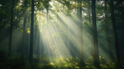 A magical forest with sunlight filtering through a dense canopy of tall trees, creating dramatic beams of light on the forest floor.