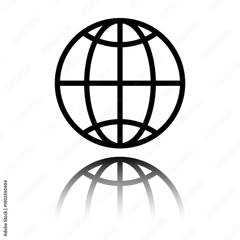 Poster globe, planet simple icon. flat design. black icon with mirror reflection. white background