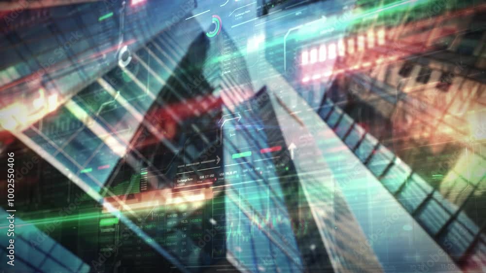 Poster modern cityscape with layered infographic animations of business data