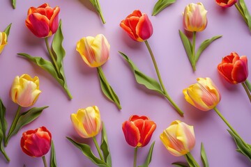 Fototapeta premium Red and Yellow Tulips on Purple Background: Colorful Floral Pattern for Spring Decor and Vibrant Design