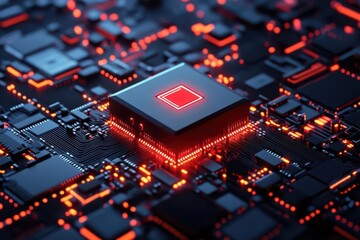 Fototapeta premium Computer chip with glowing lights on circuit board background.