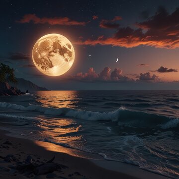 Celestial Dreams: The Moon&rsquo;s Embrace Over the Ocean"