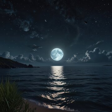 Celestial Dreams: The Moon&rsquo;s Embrace Over the Ocean"