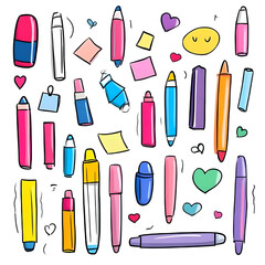 stationery in doodle 2D illustrator style, with cartoonish/symbolic elements and a white background.