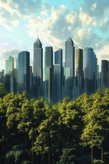 Obraz premium Modern city skyline with skyscrapers amidst lush green trees.