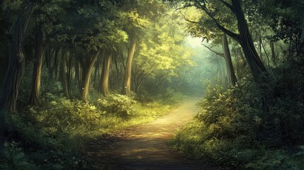 Fototapeta premium A path winding through a thick forest, lined with tall trees and undergrowth, inviting the viewer into a peaceful natural escape.