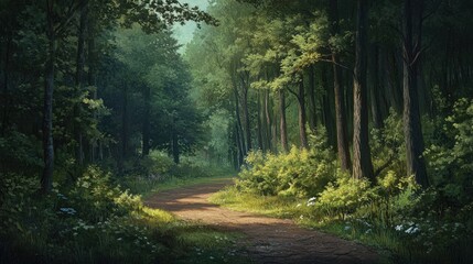 Naklejka premium A path winding through a thick forest, lined with tall trees and undergrowth, inviting the viewer into a peaceful natural escape.