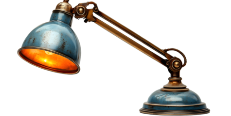 The arm has a small knob on the right side, which is used to adjust the angle of the light bulb. The base of the lamp is also made of brass and has a round shape