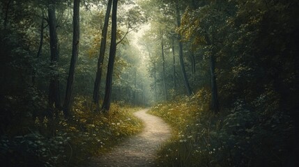 Naklejka premium A path winding through a thick forest, lined with tall trees and undergrowth, inviting the viewer into a peaceful natural escape.