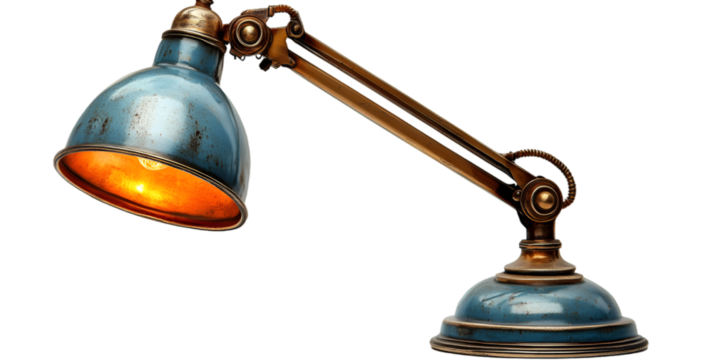 The arm has a small knob on the right side, which is used to adjust the angle of the light bulb. The base of the lamp is also made of brass and has a round shape