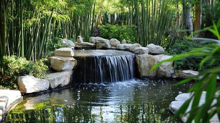 Naklejka premium A peaceful waterfall flowing into a tranquil pond surrounded by bamboo trees, capturing the essence of an Asian-inspired garden retreat.