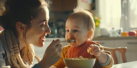 Mother Feeding Baby in Kitchen