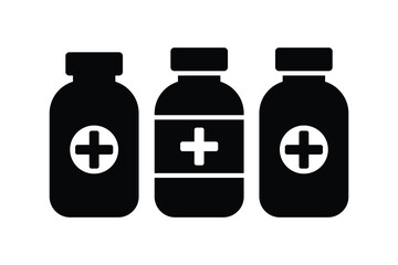 Medical pill and bottle black and white flat vector icon design