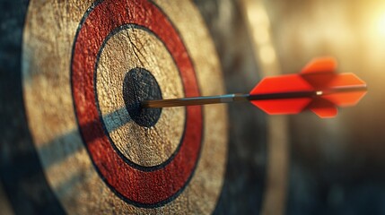 red dart arrows hitting bullseye perfectly, symbolizing focus, determination, and accuracy in achieving success and goal accomplishment in a competitive and performance-driven scenario