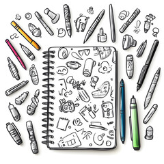 stationery in doodle 2D illustrator style, with cartoonish/symbolic elements and a white background.