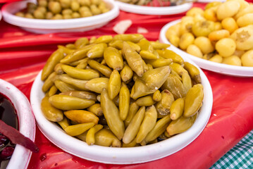 homemade vegetable pickles,Stand with mixed pickles at an open-air market