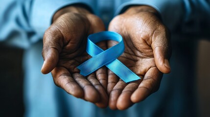 Close-up of a man's hands holding a blue awareness ribbon, symbolizing care and support for health causes, in a soft-lit background.