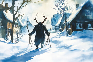 Watercolor painting of the krampus monster from central european folklore walking through a snowy village