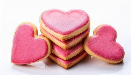 Obraz premium Pile of Heart-Shaped Sugar Cookies with Pink and White Icing, Soft Texture and Sweet, Glossy Finish, Arranged in a Delightful Stack on a Bright, Clean White Surface. Valentine's Day Special Occasions